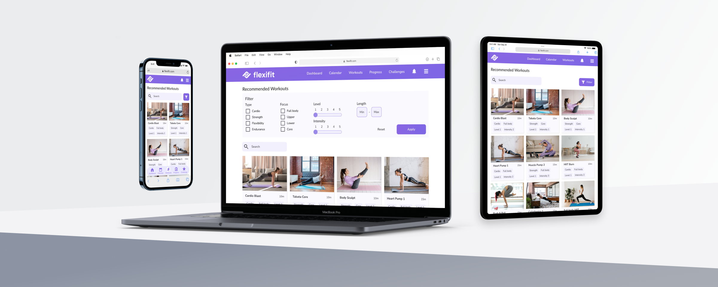 A mock up of a Flexifit wireframe on a mobile phone, laptop, and tablet.