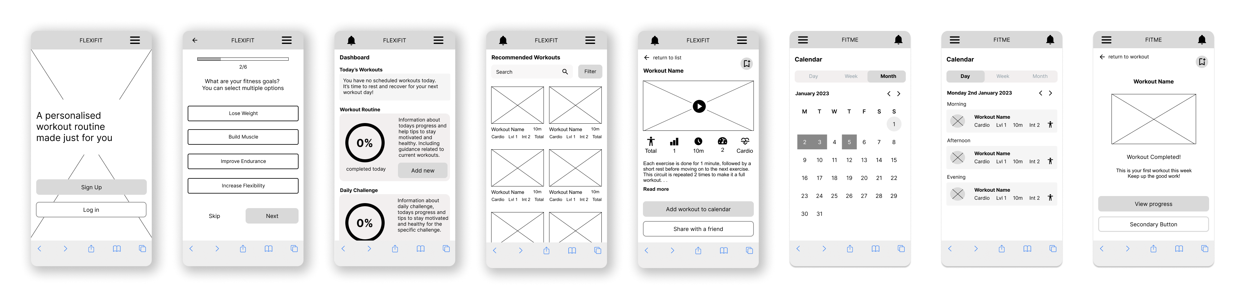 A row of mid fidelity wireframes of the app based on the previous low fidelity sketches.